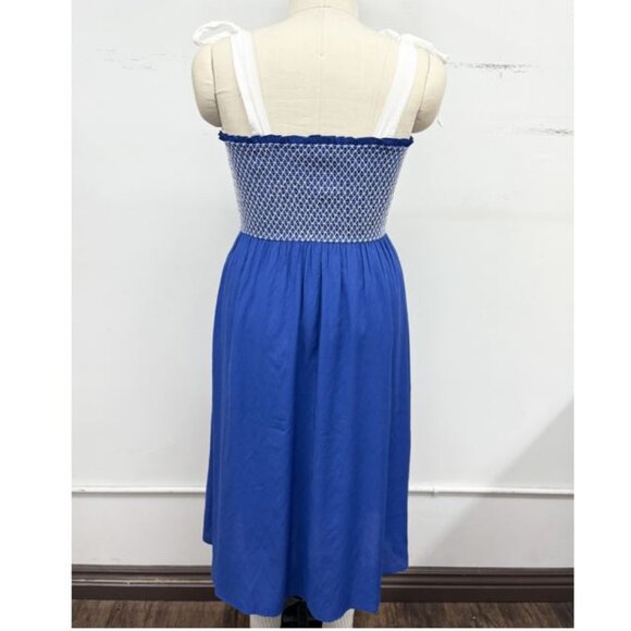 Plus Size 2xl Royal Blue Midi Smocked Dress Bow Tie Straps Linen Blend Pocket - Picture 3 of 7